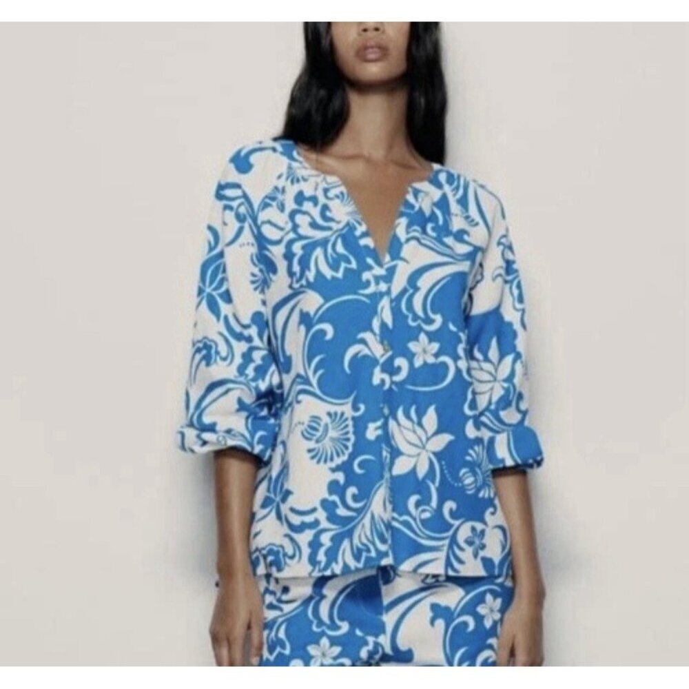 Zara Top Womens Large Blue Floral Linen Blend Puffy Sleeve Button Up Cottagecore